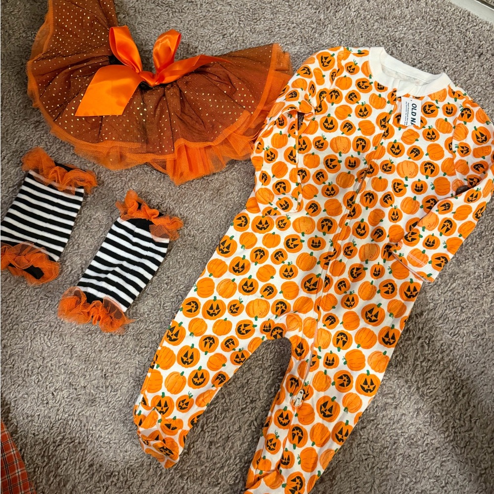 Kids Halloween Pumpkin One-Piece Pajamas & halloween skirt w/leggings